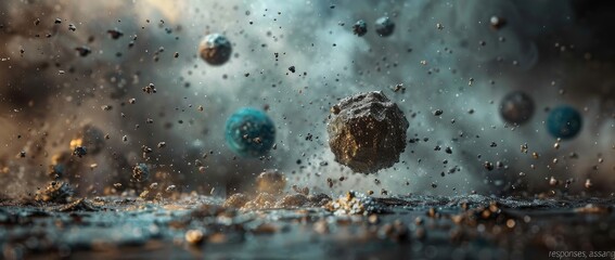 Microscopic view of a virus surrounded by particles in a dark, cosmic space environment