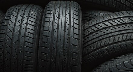 A pile of used and discarded vehicle tires are collected as rubber waste for recycling.Concept of end-of-life tire recycling.
