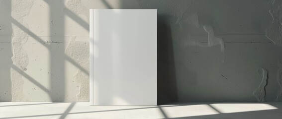 Blank book standing on a surface with sunlight casting shadows on a textured wall