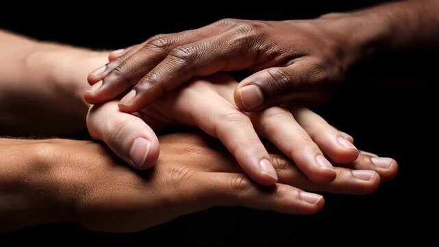 A stack of diverse hands showcases unity and collaboration on black. The image emphasizes teamwork, support, and the strength of interracial connections.