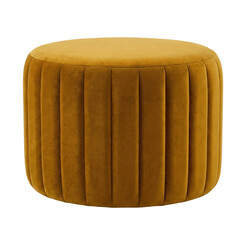 Mustard yellow velvet round ottoman with vertical stitching. Modern pouf.