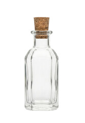 Empty vintage glass bottle with cork stopper. Apothecary vial.