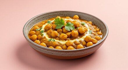 Vegan Chickpea Curry with Fresh Cilantro and Cream Swirl in a Ceramic Bowl on Pink Background
