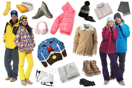 Happy couples, winter clothes and accessories. Collection on white background