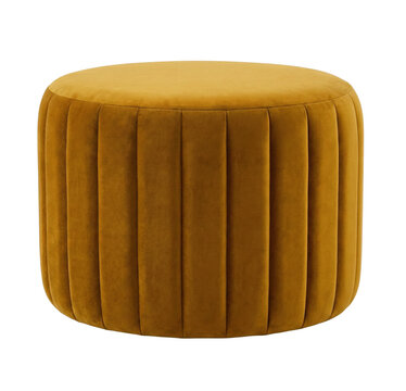 Mustard yellow velvet round ottoman with vertical stitching. Modern pouf.