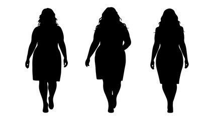 Diverse group of confident plus-size women walking forward, represented as minimalist vector silhouettes, promoting body inclusivity and modern fashion design elements