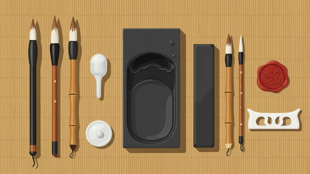 Traditional Chinese Calligraphy Art Tools Set with Brushes, Inkstone, and Ink Sticks on Bamboo Mat
