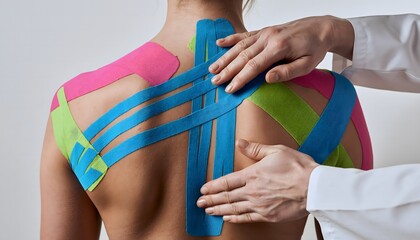 Therapist Applying Kinesiology Tape to Patient's Shoulder and Back
