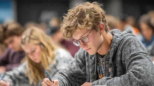 Young man intently writing with a pen, focused on notebook, studying or taking notes, university student, creative process, thoughtful expression.