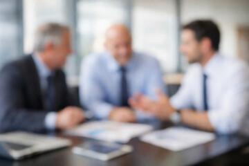 Blurred Business Meeting Background with Three Professionals Discussing at Office Table