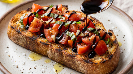 pouring balsamic glaze onto a crispy tomato and basil bruschetta toast