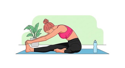 Woman Performing Seated Forward Bend Yoga Pose on Yoga Mat with Water Bottle and Plant.
