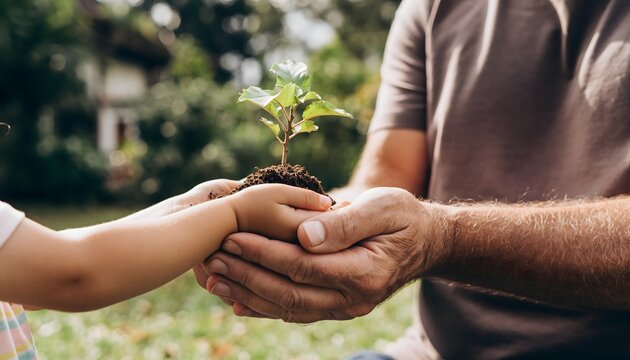 Generational hands nurturing a young plant symbolizing growth, sustainability, and a hopeful future - Powered by Adobe