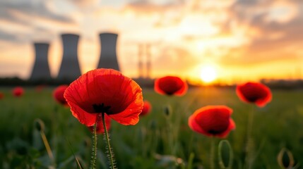 An enchanting field filled with vivid red poppies set against a backdrop of industrial cooling towers, symbolizing the intersection of nature and industry.
