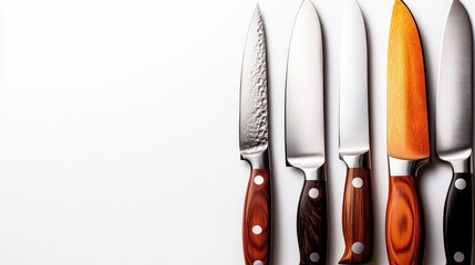 A stunning display of five unique kitchen knives, showcasing their elegant designs and sharp blades, perfect for any culinary expert or cooking enthusiast.