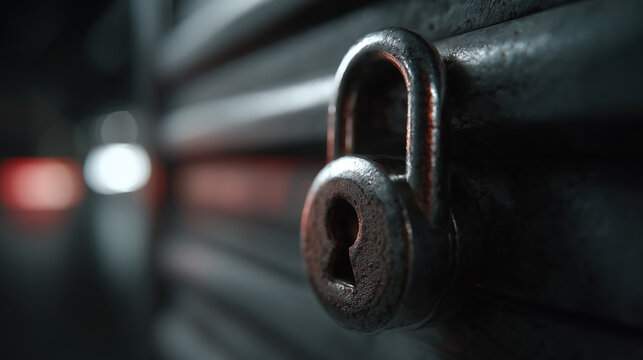 Close up of heavy padlock on rusty metal industrial gate with bokeh background. Old iron lock securing dark shutter for safety, protection, security, and privacy in urban environment. - Powered by Adobe