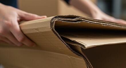A stack of flattened corrugated cardboard boxes is stored as material for recycling or packaging.Concept of cardboard recycling and logistics.