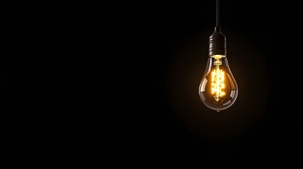 Glowing vintage light bulb hanging on black background with copy space. Minimal concept symbolizing idea, creativity, innovation, inspiration, business solutions and modern technology.