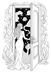 the woman opens the door to another dimension. adult coloring book