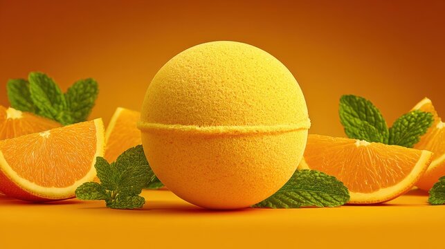 Orange citrus bath bomb with mint leaves and fresh fruit slices on vibrant background for spa and skincare