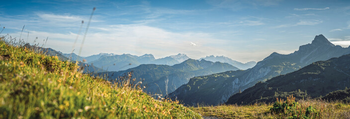 Panoramic alpine view from near Freiburger Hütte and Formarinsee looking south over the Klostertal...