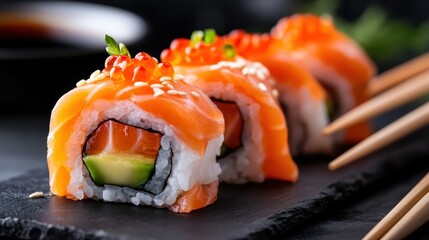 This appetizing image displays exquisite sushi rolls topped with salmon and roe, beautifully arranged on a slate plate, enticing food enthusiasts and culinary lovers alike.