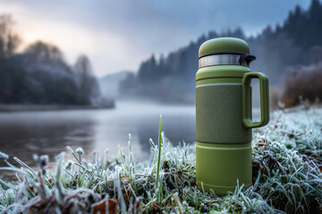 Green insulated thermos water bottle on frosted grass by misty mountain lake with pine forest reflection during cold winter morning.