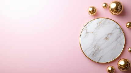 This stylish image showcases a marble plate surrounded by elegant gold spheres against a soft pink background, promoting a luxurious and minimalist aesthetic for decor enthusiasts.