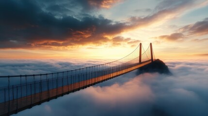 Obraz premium A breathtaking view of a suspension bridge stretching into the clouds, illuminated by the sunset, symbolizing a journey and connection between realms of nature and dreams.