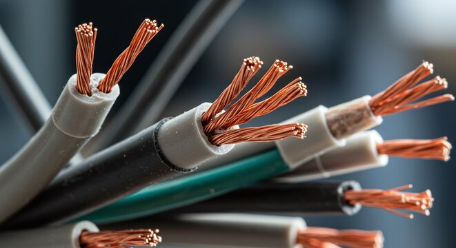 A close-up of electrical cables with exposed copper wires highlights the material for recycling.Concept of copper and electrical wire recycling.