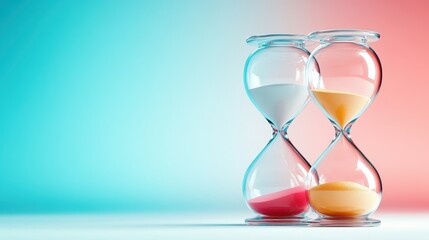 Fototapeta premium Two elegantly crafted hourglasses filled with vibrant sand evoke a sense of passage of time, balance, and the importance of moments in our busy lives.