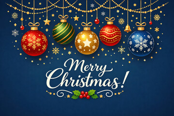 Merry Christmas greeting card with colorful hanging ornaments, snowflakes and holly on navy background