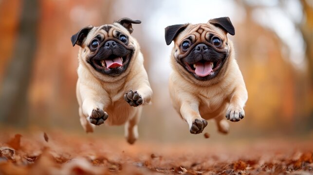 This lively image captures two cheerful pugs joyfully leaping through vibrant autumn leaves, embodying playfulness and the joy of companionship in a beautiful natural setting.