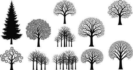 Fototapeta premium Stylized tree silhouettes, artistic forest icons, abstract tree shapes, botanical design elements, nature graphics, black vector trees, flat vector illustration
