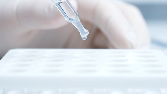 Close up of scientist hand in glove adding liquid with pipette to a white microplate for research experiment