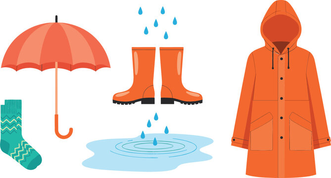 Protective autumn rain gear set including an orange raincoat waterproof boots red umbrella and patterned socks with water puddles for wet weather concepts.