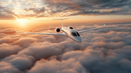 A futuristic private jet gliding through the vibrant clouds during sunset, showcasing luxury travel and technological advancement in aviation with a stunning backdrop.