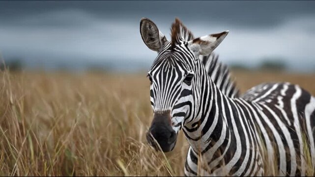 A closeup zebra stands amid tall grass under a cloudy sky, its striped coat very bold and striking