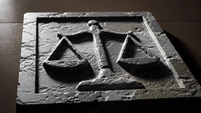 A gray stone carving of the scales of justice resting on a brown surface symbolizes law, balance, and fairness. Represents legal concepts, system and rights.