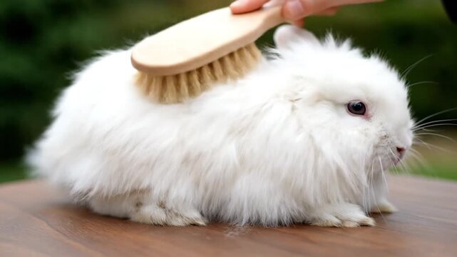 Close up of White Angora Rabbit Being Groomed with Wooden Brush on Table Blurred Greenery Background Animal Care and