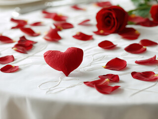 Close-up view of a white tablecloth with scattered red rose petals, anchored by a single large one forming a heart shape Soft, diffused lighting, warm atmosphere - AI-Generated
