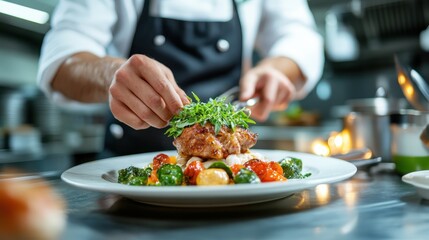 A chef meticulously plating a gourmet dish, showcasing culinary skills, creativity, and attention to detail, ideal for high-end dining experiences.