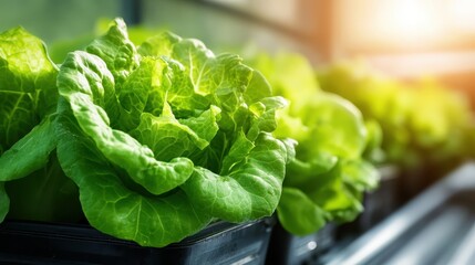Rows of fresh, vibrant green lettuce growing under natural sunlight in a well-lit greenhouse, representing healthy eating and sustainable farming practices.