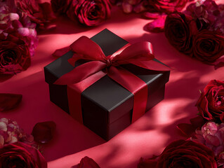 Red ribbon-tied gift box on a dark background, surrounded by roses, product photography in luxury studio light - AI-Generated