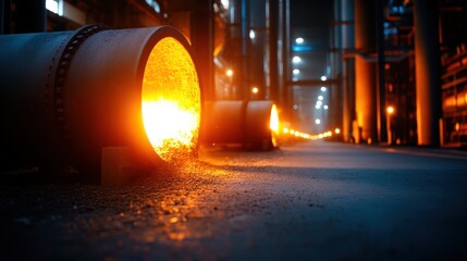 A captivating image depicting molten metal pouring from a furnace in an industrial setting, showcasing the raw power and complexity of modern manufacturing.