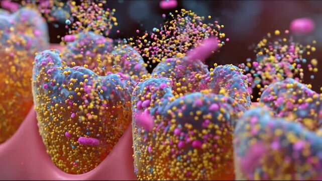 Macro view of row of colorful teeth with glittering particles on enamel and pink gums. vivid detail