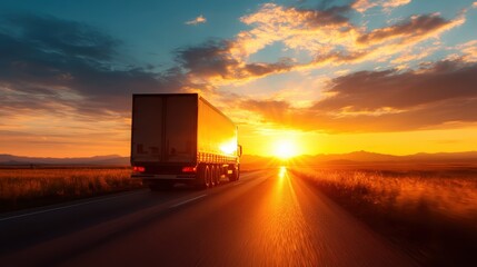 A truck drives along an open road silhouetted against a breathtaking sunset, signifying adventure and the beauty of travel amidst vast landscapes and serene skies.