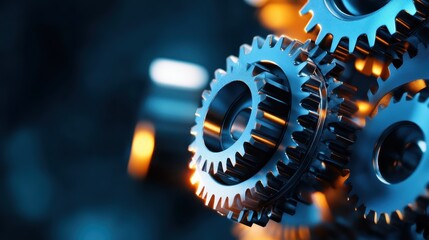 A detailed close-up of gleaming metallic gears and cogs, showcasing their intricate design and engineering precision, symbolizing the mechanics of innovation and progress.