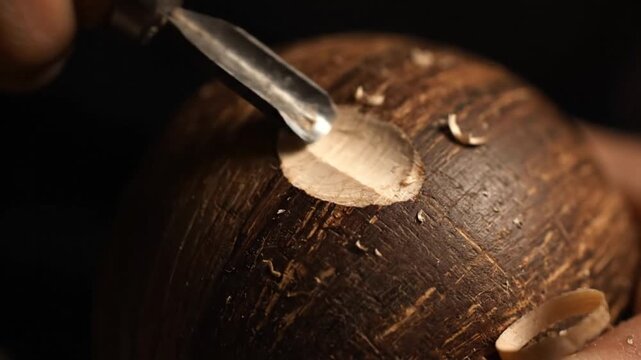 Close Up Of Wood Carving Process on a Brown Wooden Ball By Chisel Creating Decorative Details Woodwork Artistry Under