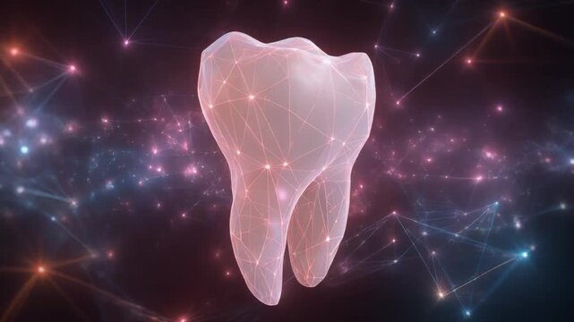 An illuminated, translucent tooth-shaped artifact floating in a neon starry light network and color